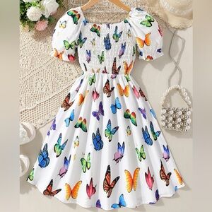 Girls Butterfly Print Puff Sleeve Dress
